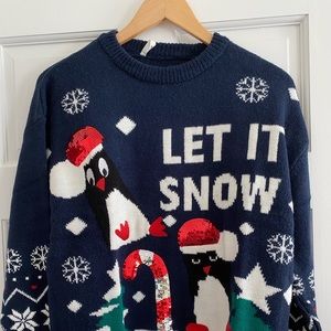 DeFacto “Ugly” Christmas Sweater with Penguin and Candy Cane Design in Navy